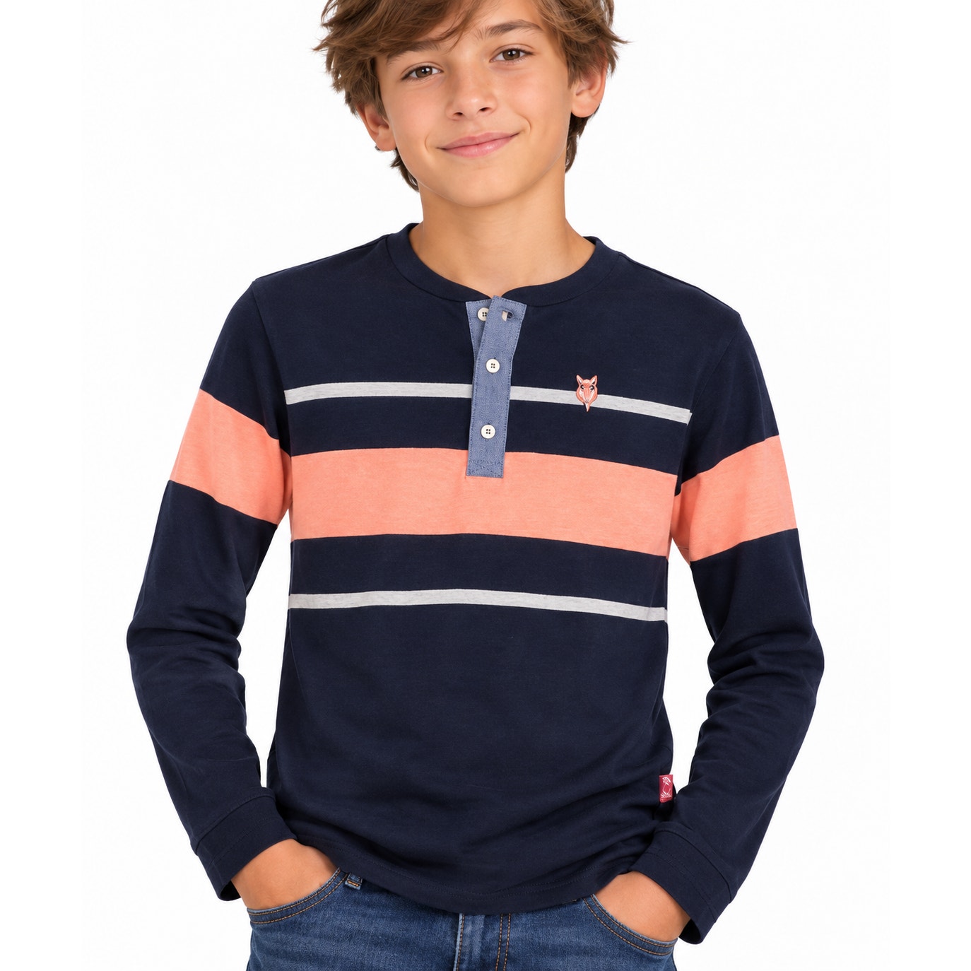 English Laundry Boys Long Sleeve Henley Shirt Size 12 Navy Peach Striped Euc — image 3 of 7